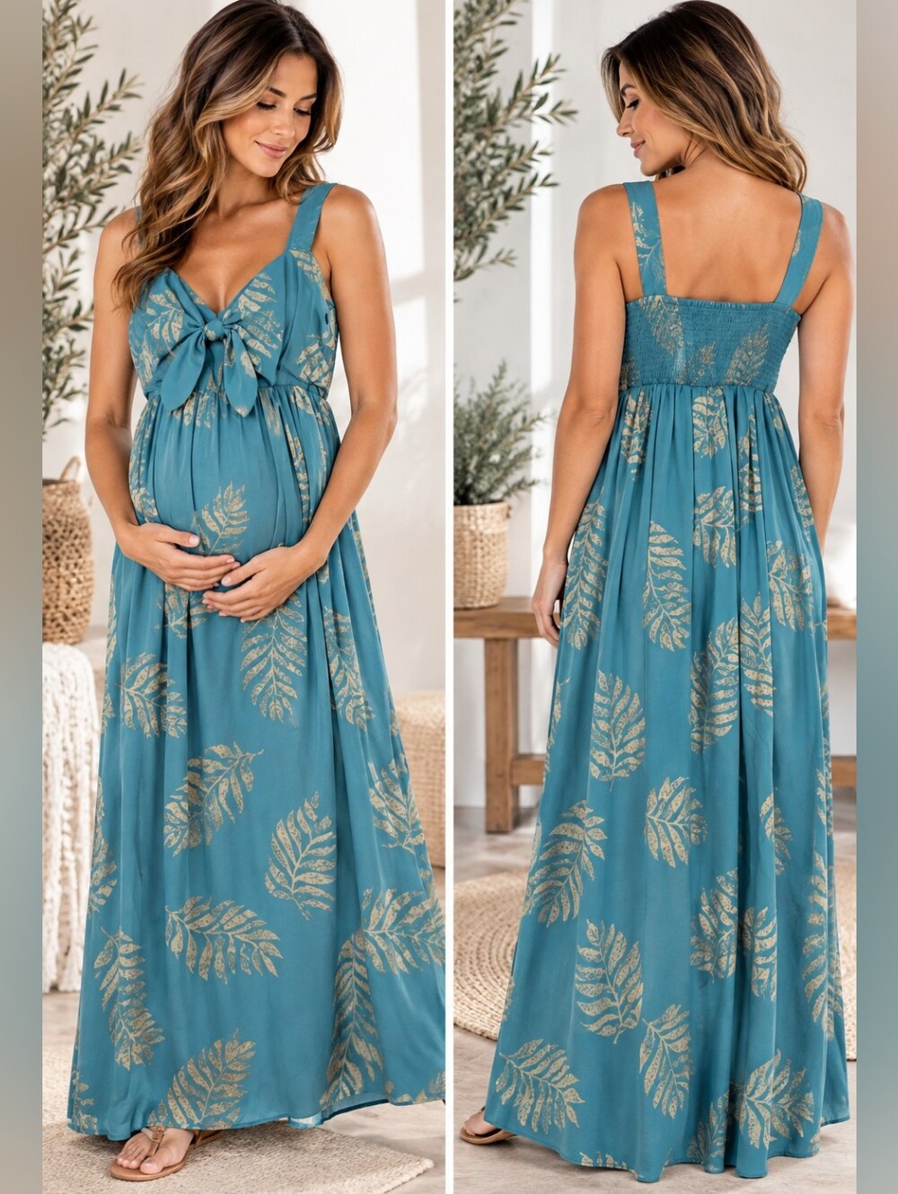 Motherhood Teal Leaf Print Tie Front Maxi Dress Size Small